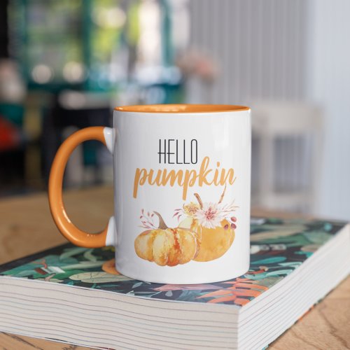 Modern Hello Pumpkin Orange Pumpkin With Flowers Two_Tone Coffee Mug