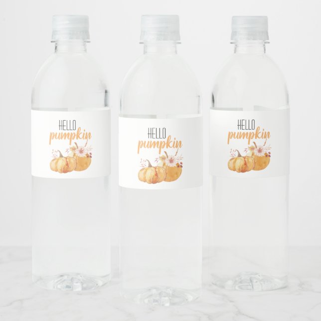 Modern Hello Pumpkin Orange Pumpkin With Flowers Water Bottle Label (Bottles)