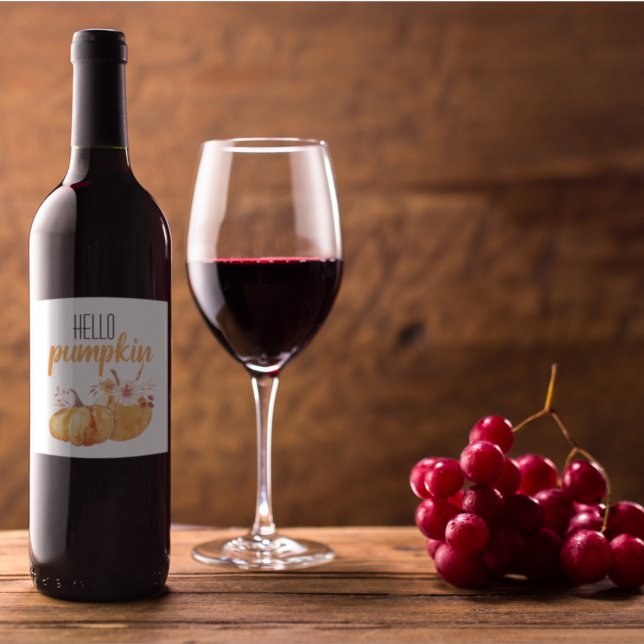 Modern Hello Pumpkin Orange Pumpkin With Flowers Wine Label (Creator Uploaded)