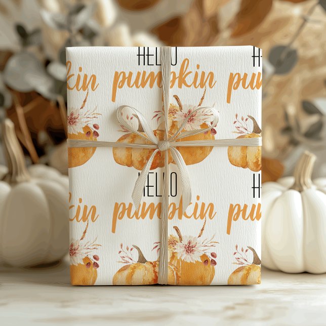 Modern Hello Pumpkin Orange Pumpkin With Flowers Wrapping Paper (Creator Uploaded)