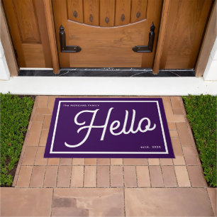 Modern Hello Purple White Script Family Name Doormat