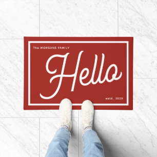 Modern Hello Red White Script Family Name Doormat