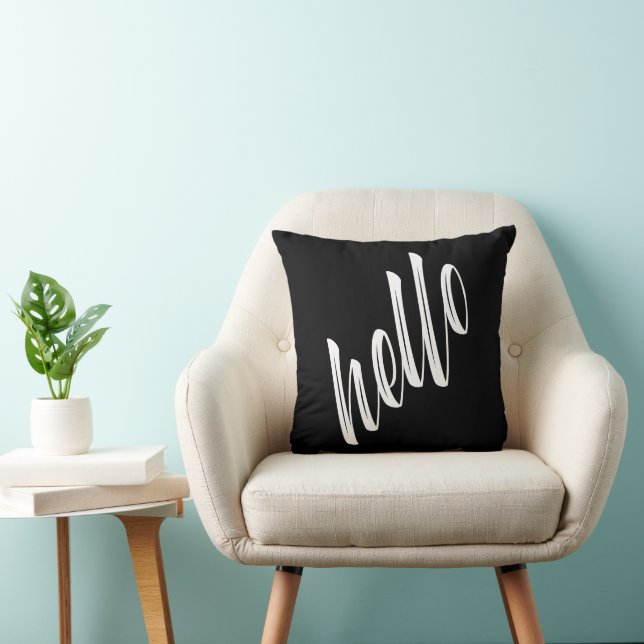 Modern Hello Script Black White Throw Pillow (Chair)