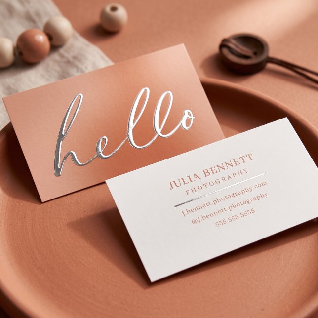 Modern "Hello" Script Foil Business Cards (Simulated business cards on table)