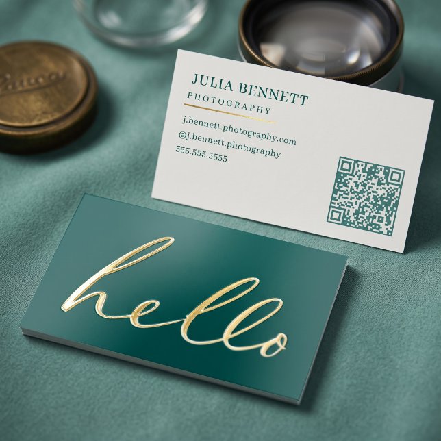 Modern "Hello" Script Foil Business Cards (Simulated business cards on table)