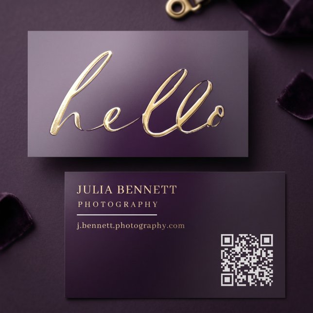 Modern "Hello" Script Foil Business Cards (Simulated business cards on table)