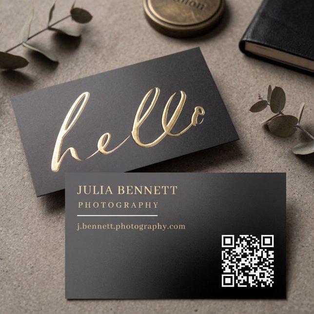 Modern "Hello" Script Foil Business Cards (Simulated business cards on table)
