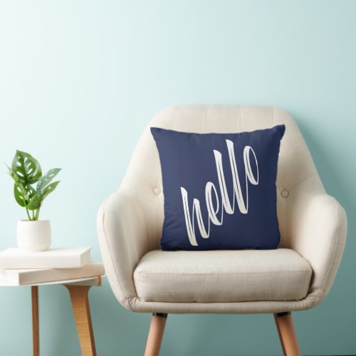 Modern Hello Script Navy Blue White Throw Pillow