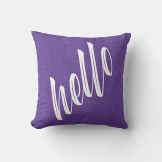 Modern Hello Script on Purple Linen Texture Photo Throw Pillow