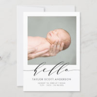 Modern Hello Script Photo Birth Announcement Card