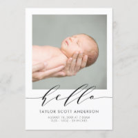 Modern Hello Script Photo Birth Announcement Card