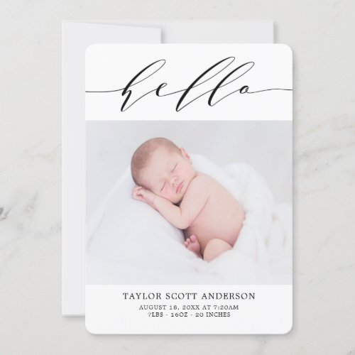 Modern Hello Script Photo Birth Announcement Card