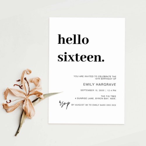 Modern Hello Sixteen Birthday Party Invitation