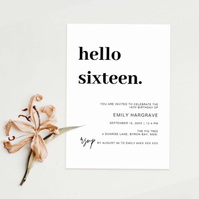 Modern Hello Sixteen Birthday Party Invitation (Creator Uploaded)