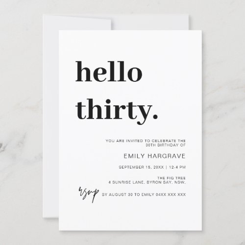 Modern Hello Thirty 30 Birthday Party Invitation