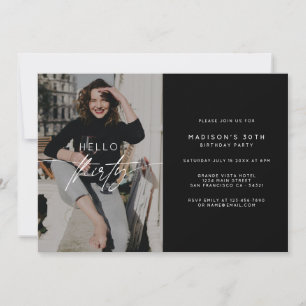 Modern Hello Thirty Birthday Party Photo Script  Invitation