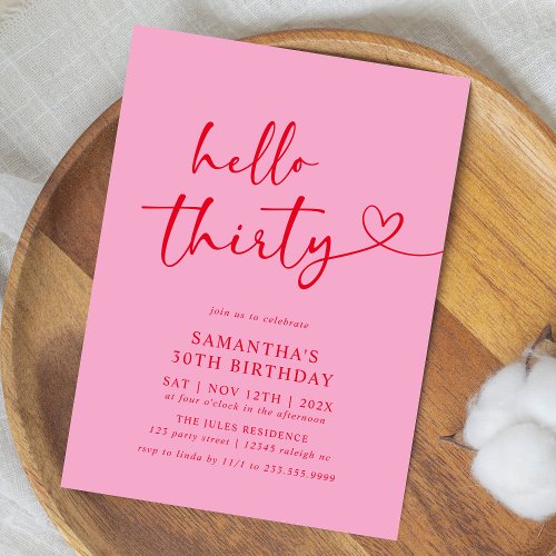Modern Hello Thirty Pink and Red 30th Birthday