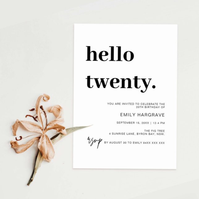 Modern Hello Twenty 20th Birthday Party Invitation (Creator Uploaded)