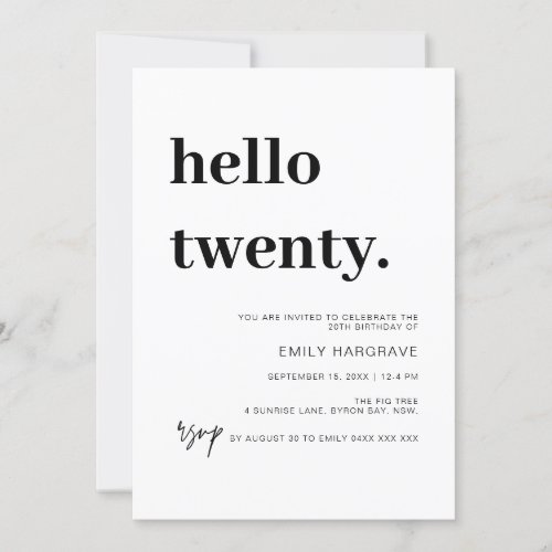 Modern Hello Twenty 20th Birthday Party Invitation