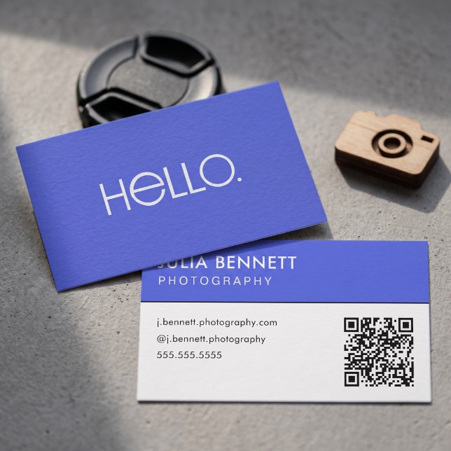 Modern "Hello" Typography Design Business Card (Simulated business cards on table)