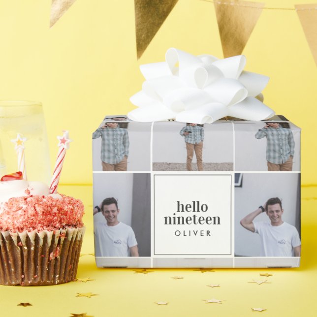Modern hello typography photo collage birthday wrapping paper (Birthday Party)