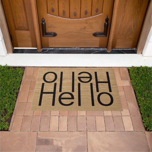 Modern Hello Welcome Word Art On Faux Burlap Doormat