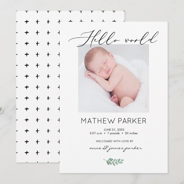 Modern Hello World Baby Birth Announcement Card (Front/Back)