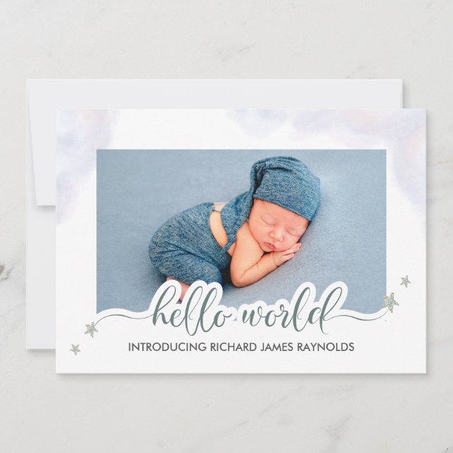 Modern Hello World Baby Boy Birth Announcement (Front)