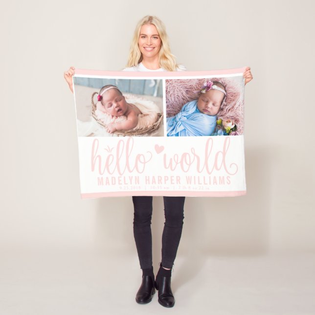 Modern Hello World Blush Pink Photo Collage Fleece Blanket (In Situ)