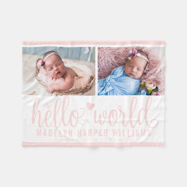 Modern Hello World Blush Pink Photo Collage Fleece Blanket (Front (Horizontal))