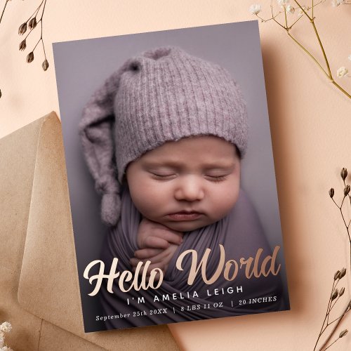 Modern Hello World Foil Birth Announcement Card