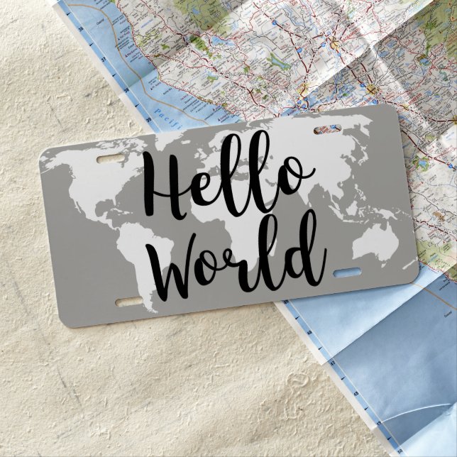 Modern Hello World Map Silhouette License Plate (In Situ)