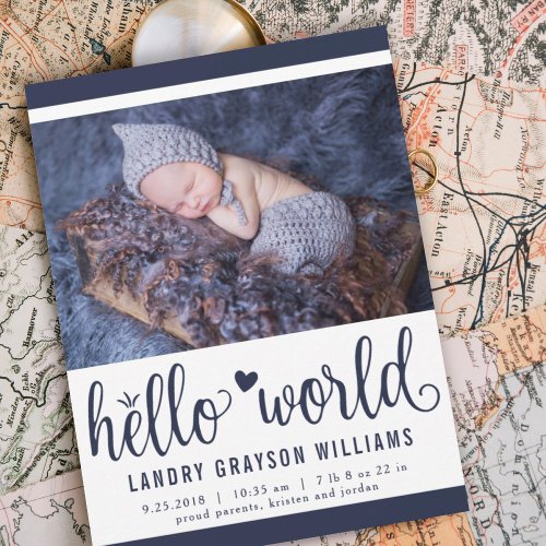 Modern Hello World Navy Photo Birth Stat Announcement