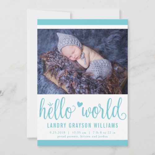 Modern Hello World Photo Aqua Birth Stat Announcement