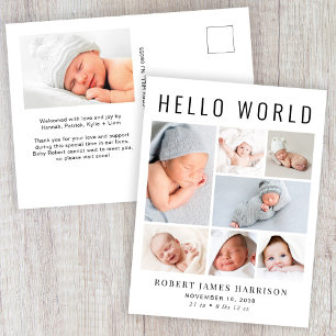 Modern Hello World Photo Collage Birth Announcement Postcard