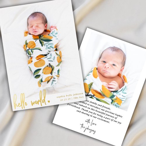 Modern Hello World Photo Newborn Birth Anouncement Foil Holiday Card