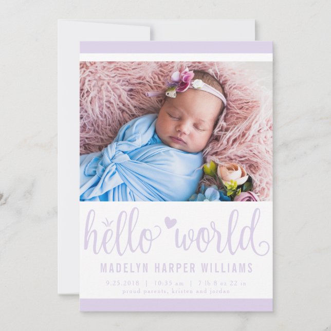 Modern Hello World Photo Purple Birth Stat Announcement (Front)