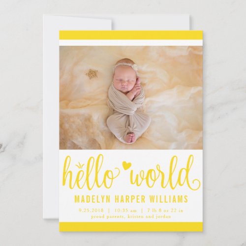 Modern Hello World Photo Yellow Birth Stat Announcement