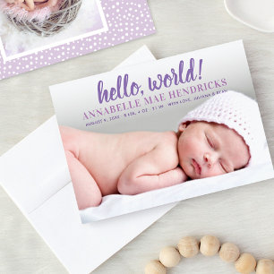 Modern Hello World Purple Baby Girl Photo Birth Announcement