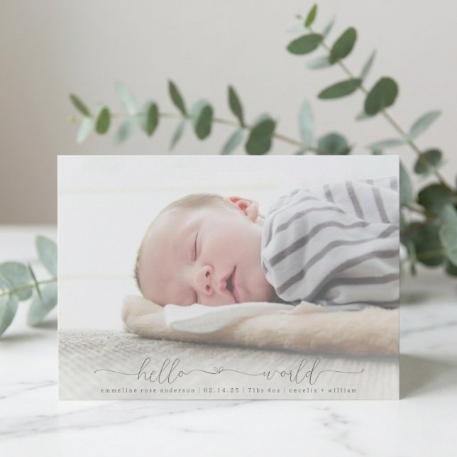 Modern Hello World Script Photo Birth Announcement (Creator Uploaded)