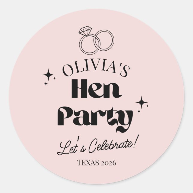 Modern Hen Party Custom Name | Blush Pink  Classic Round Sticker (Front)