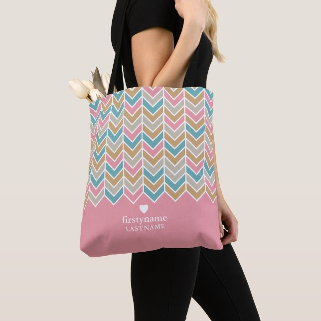 Modern Herringbone Pattern - Pink Blue Gold Tote Bag (Close Up)