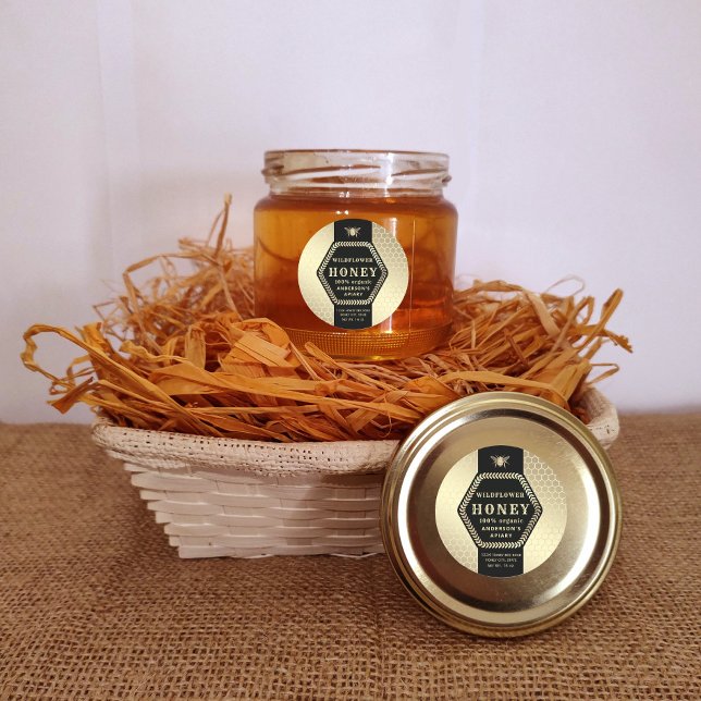 Modern Hexagon branch  gold bee honey jar Label (Creator Uploaded)