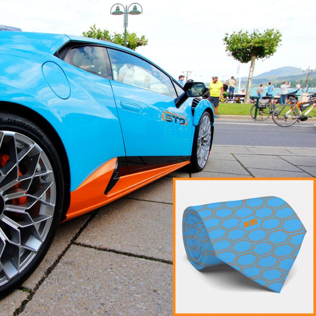 Modern hexagon orange pattern and monogram Tie (Creator Uploaded)