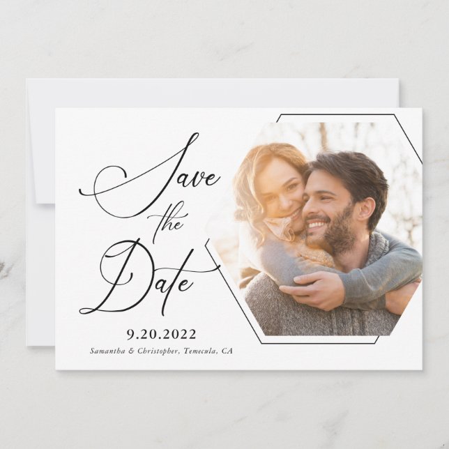 Modern Hexagon Photo Black and White Script Save The Date (Front)