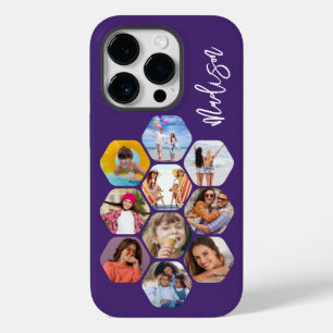 Modern Hexagon Photo Collage Personalized Name iPhone 14 Pro Case