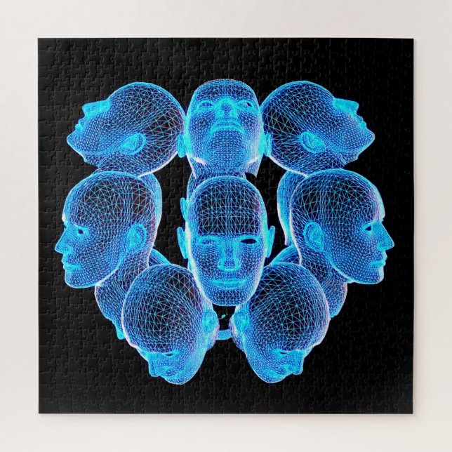 Modern Hi-tech 3D Blue Human Heads Holographic Jigsaw Puzzle (Vertical)