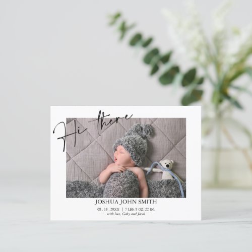 Modern Hi There Calligraphy Birth Announcement Postcard