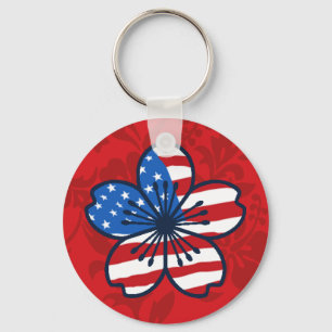 Modern Hibiscus American Flag Patriotic Key Chains