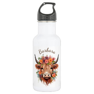 Modern Highland Cow with Boho Flowers Stainless Steel Water Bottle